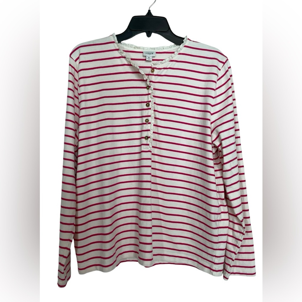 J. Crew Cream and Pink Striped Long-Sleeve Henley Top